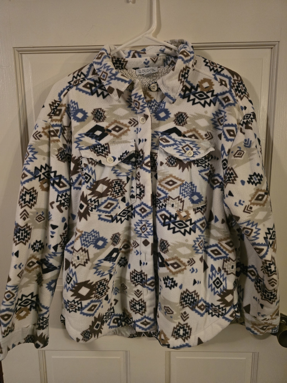Enlighten Cozy Aztec-Print Fleece Shacket in White, Blue, Brown #244